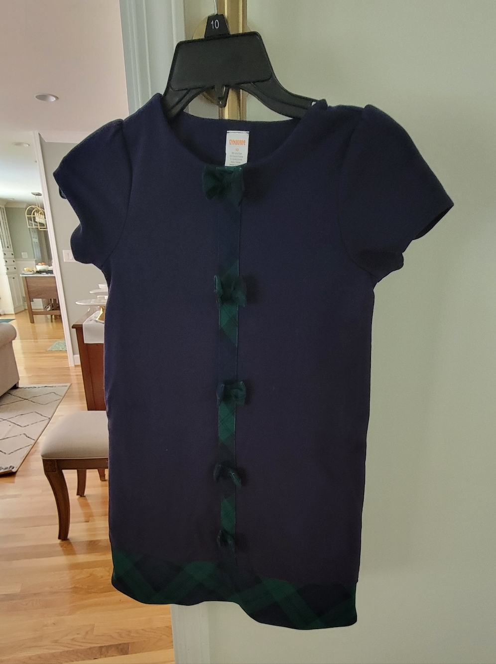 Gymboree Navy Dress with Green Plaid Trim and Bows